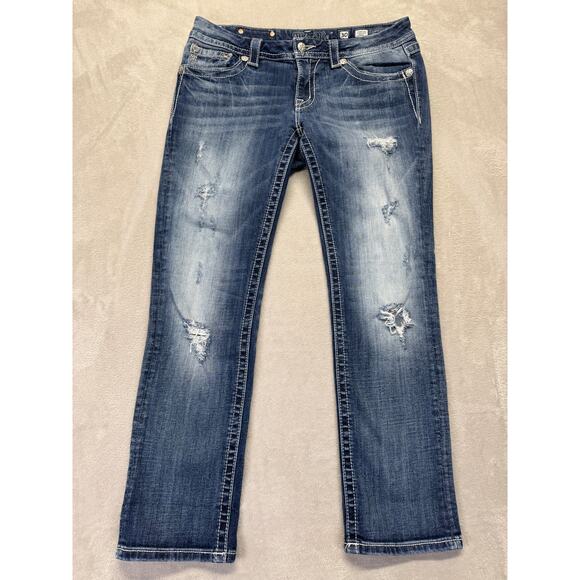 Miss Me Jeans Womens 30 Medium Wash Blue Denim Signature Crop Embellished Pocket - Picture 2 of 14